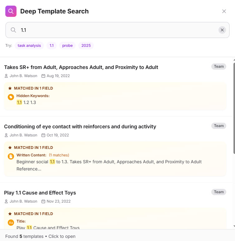 Deep Template Search: program templates found by title, hidden keywords, and written content.